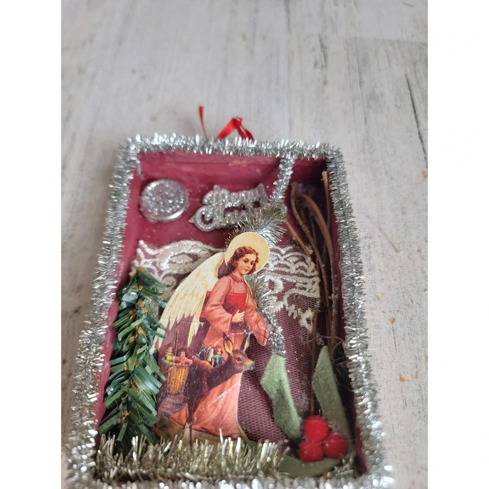 Vintage Angel tinsel shadow box unique ornament Xmas religious deer